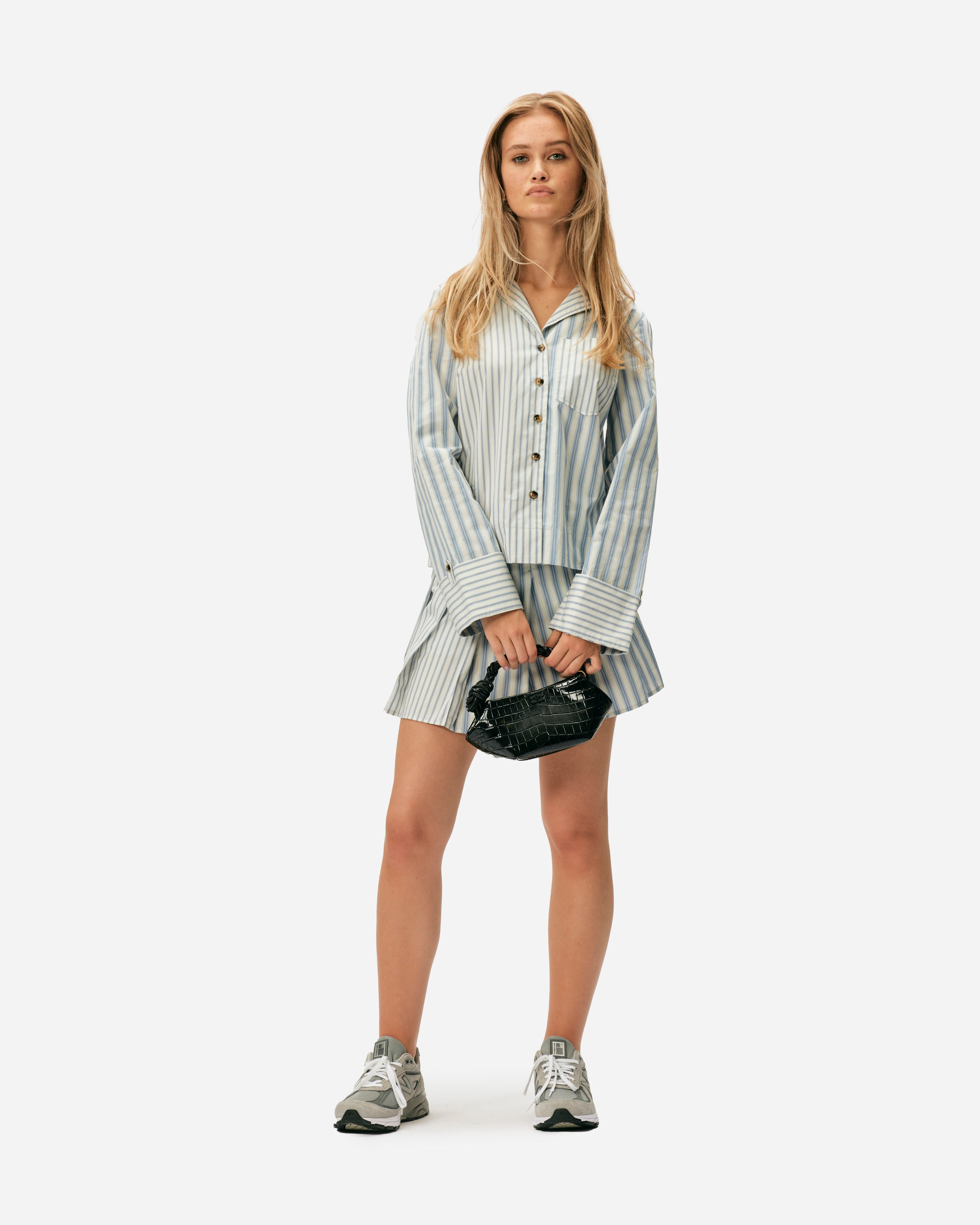 GANNI Stribet bomuld plisseret mini nederdel Egret F9599-135