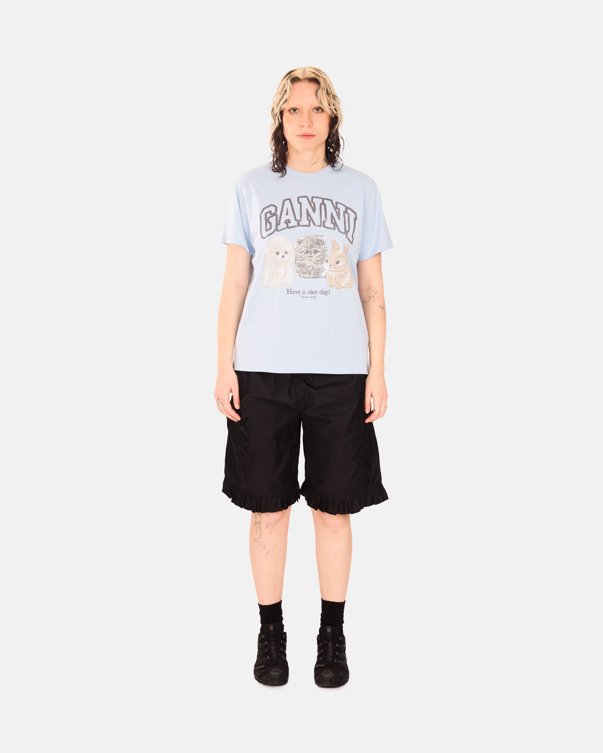 GANNI Basic Cotton Jersey Animals Relaxed T-shirt Chambray Blue T4278-570