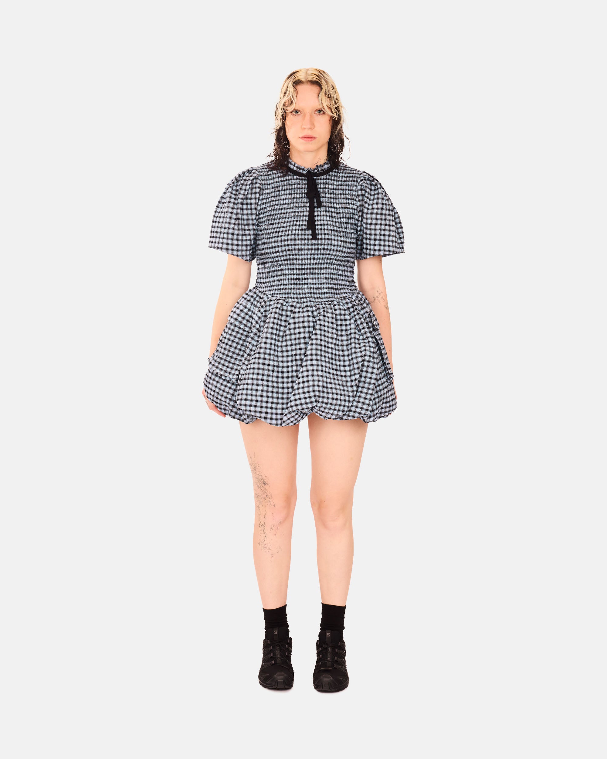 GANNI Seersucker Check Mini Smock Dress Soft Chambray W0743